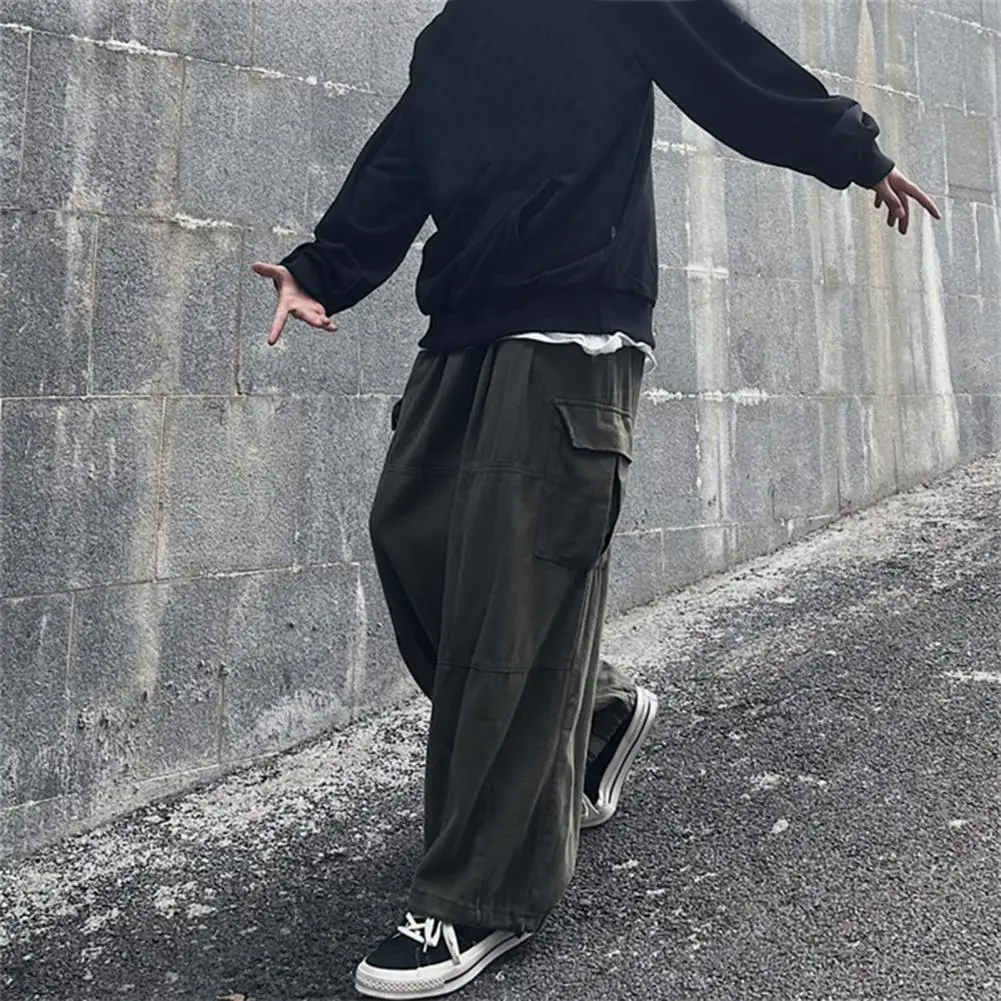 Big Pocket Cargo Pants Men's Casual Solid Color Straight Pants Baggy Wide-leg Pants Men Drawstring Cargo Pants pantalones hombre