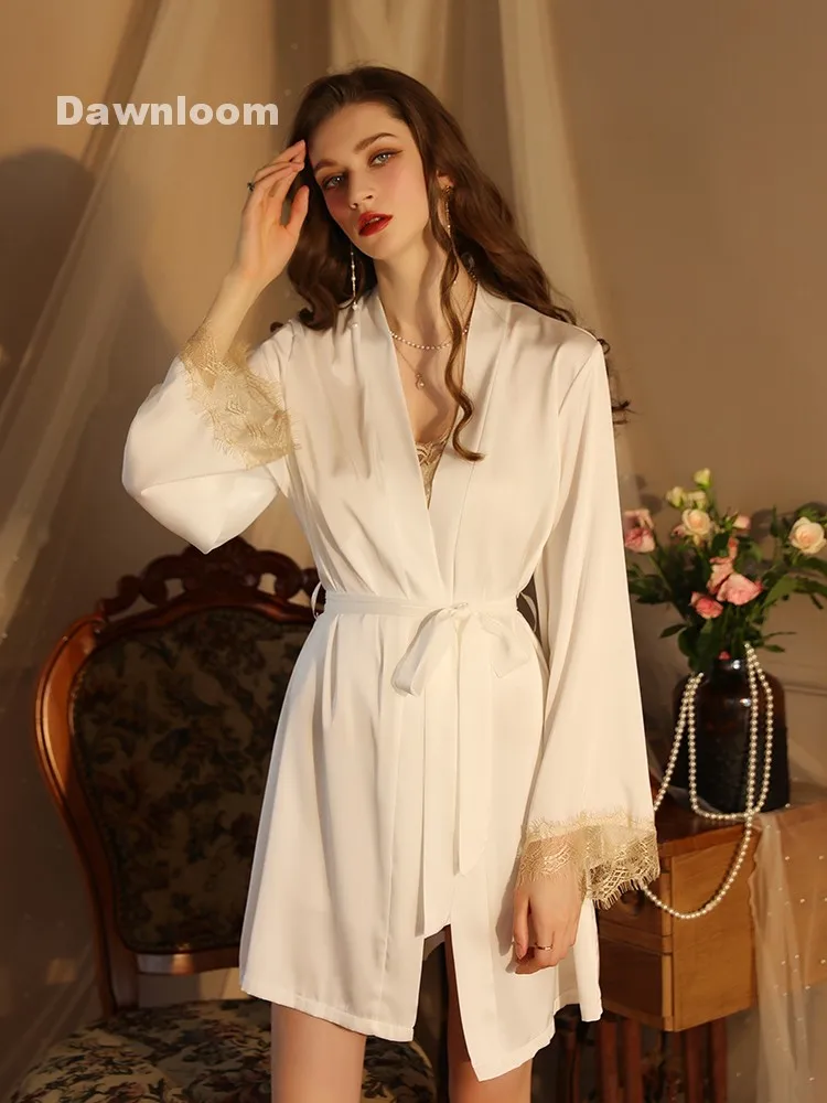 White Satin Lace Halter Backless Slip Dress with Satin Robe Three-Piece Luxury French Romantic Wedding Morning Gown Set