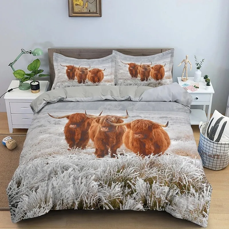 

Highland Scottish Cows Duvet Cover Set Farm Animal King Queen Comforter Cover Wildlife Bedding Set 2/3pcs Polyester Quilt Cover