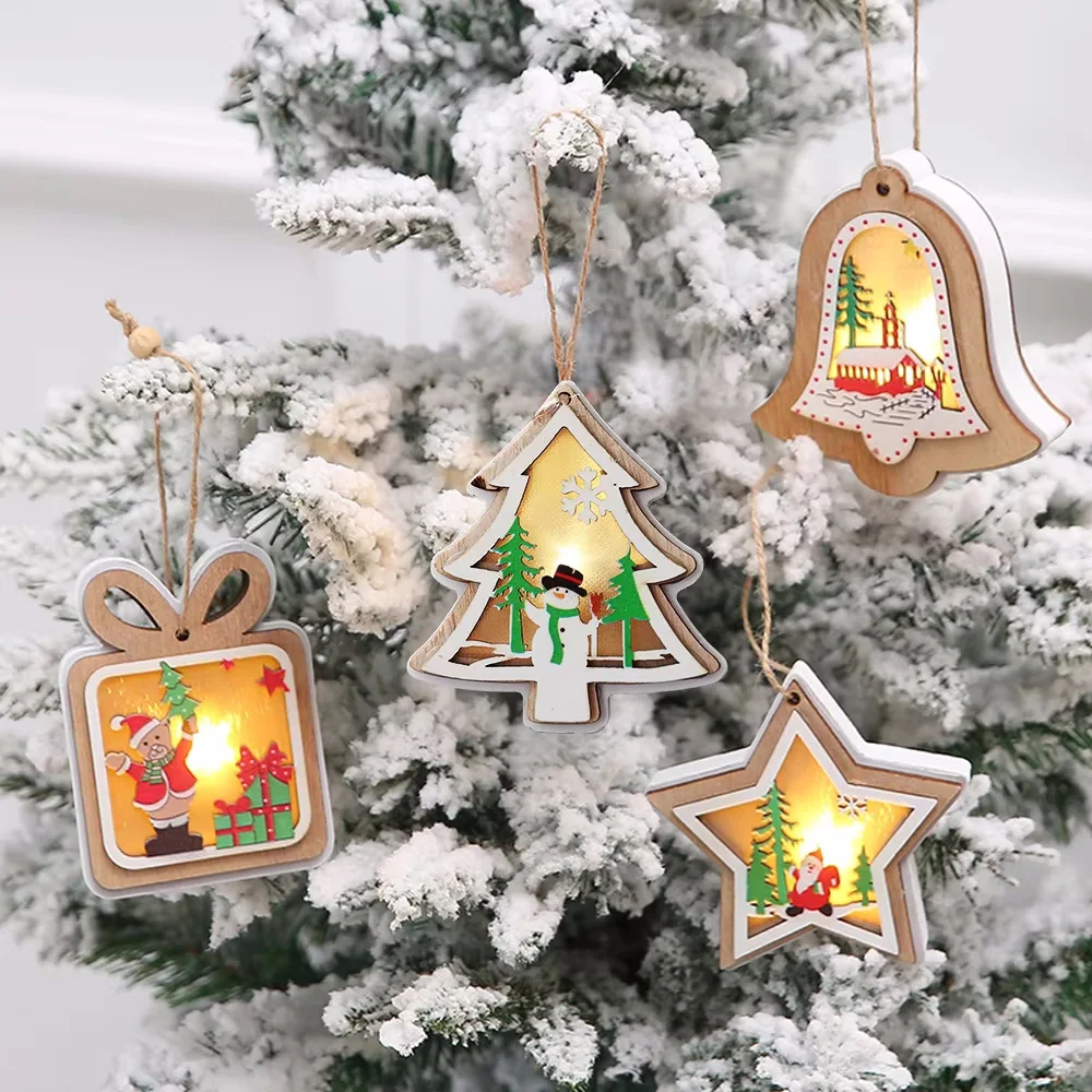 LED Light up Christmas Wooden Ornaments Star Tree Santa Snowman Luminous Christmas Tree Hanging Ornaments Table Top Wood Lamp