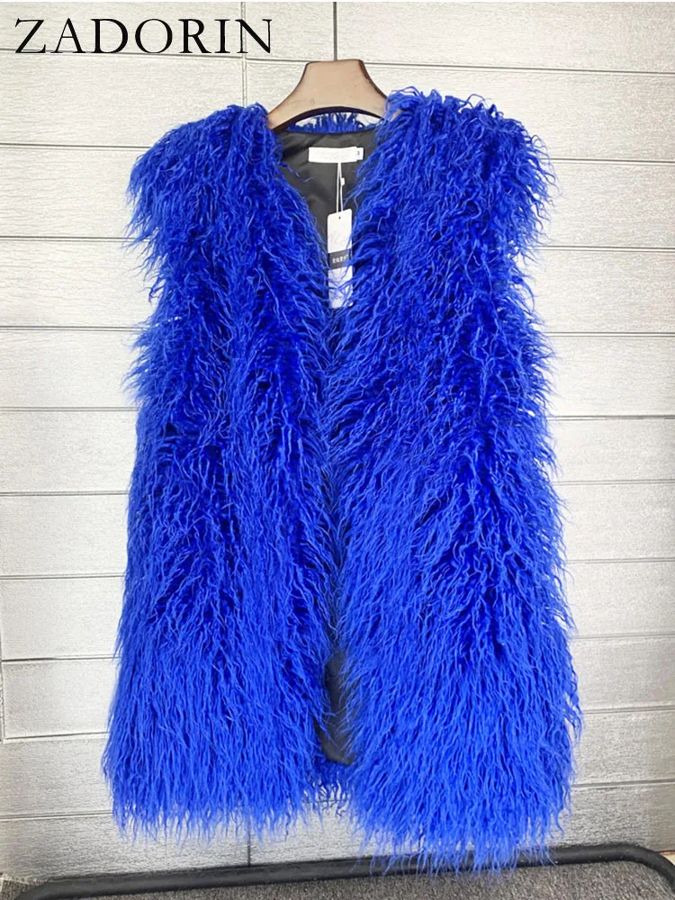 ZADORIN Fashion Winter 75cm Long Fluffy Faux Fur Vest Women Colorful Faux Mongolia Sheep Fur Gilet Fake Fur Jackets Women Coats