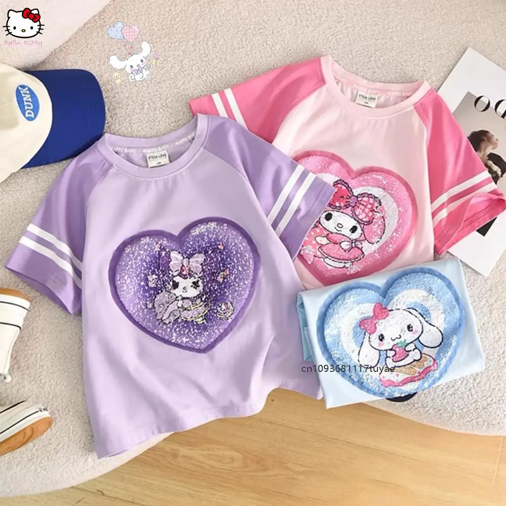 سينامورول كارتون سانريوس الاطفال قصيرة الأكمام Kawaii ميلودي كورومي لطيف أنيمي الترتر تي شيرت الصيف بلايز تنفس قصيرة الأكمام