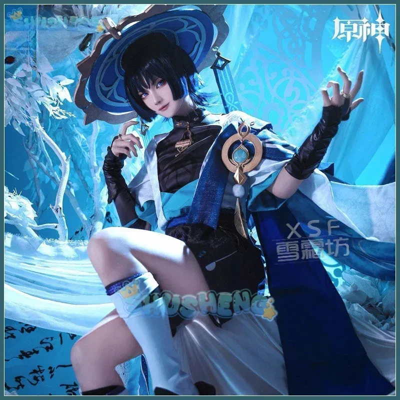 

Genshin Impact Wanderer Scaramouche Cosplay Costume Set Bamboo hat and wig dt'99