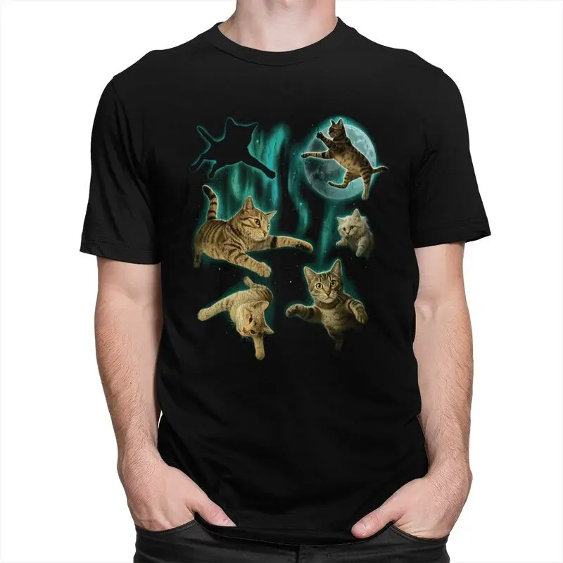 Kittens Cat Playing Under The Moon And Stars T Shirts Pure Cotton Tee Tops Round Neck Tshirts Fashion Short Sleeve Clothing