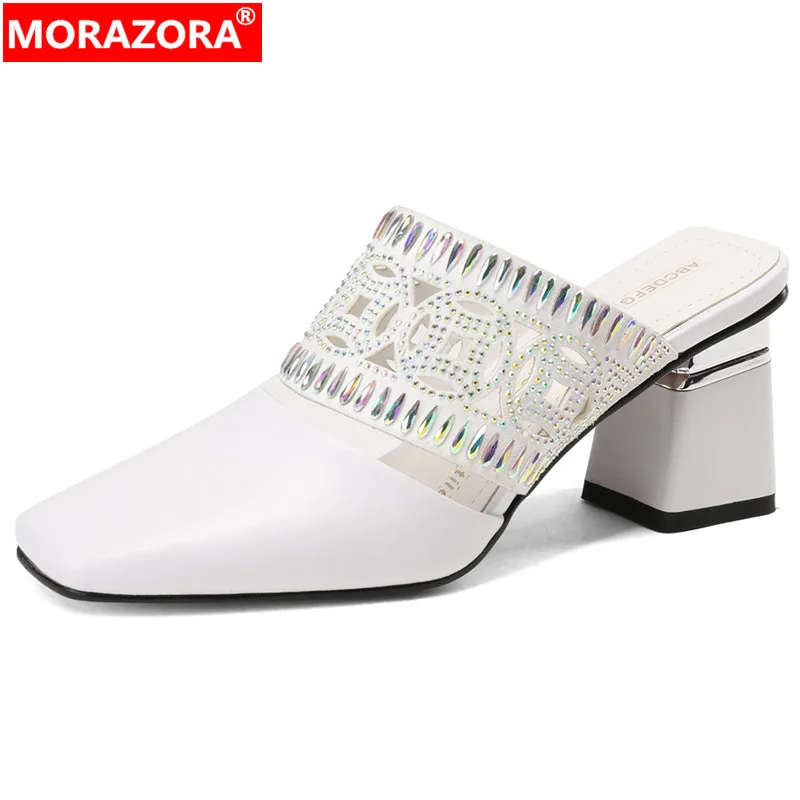 MORAZORA 2024 New Genuine Leather Mules Women Slippers Ladies Square Toe Casual Shoes Thick High Heels Summer Slippers