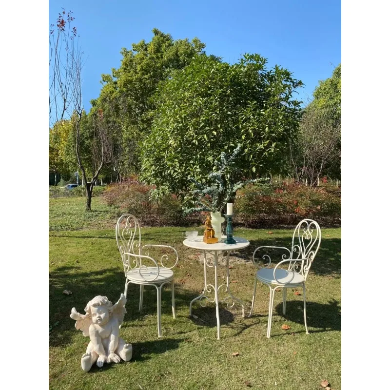 French Country Wrought Iron Old Outdoor Table and Chair Kit White Green Garden Patio Balcony Living Room Round Table Chair