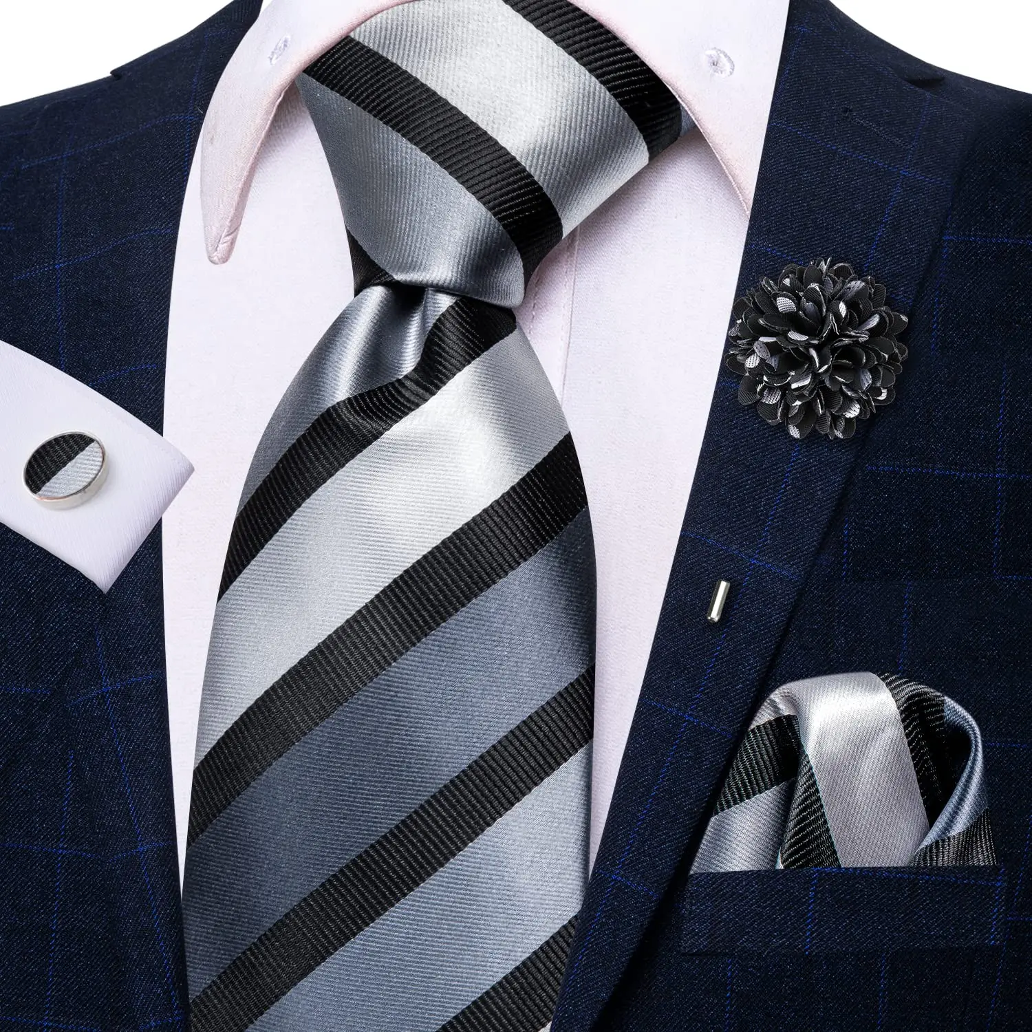 

Black Silver Striped 2023 Hi-Tie Designer Mens Necktie Luxury 8.5cm Silk Business Tie Hanky Cufflinks Brooch Wedding Tie For Men