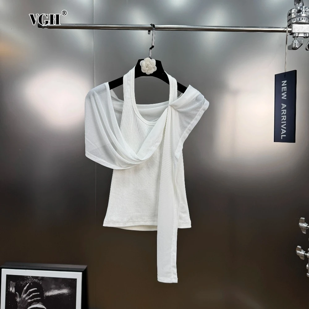 

VGH White Color Sexy Spliced Ribbon Top for Women Slash Neck Sleeveless Patchwork Knitted Loose Vest Female Summer Fashion Style
