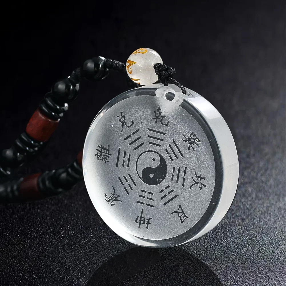 Natural White Crystal Pendant Necklace Chinese Style Yin Yang Taiji Qiankun Bagua Pendant Lucky Security Amulet Jewelry Gift