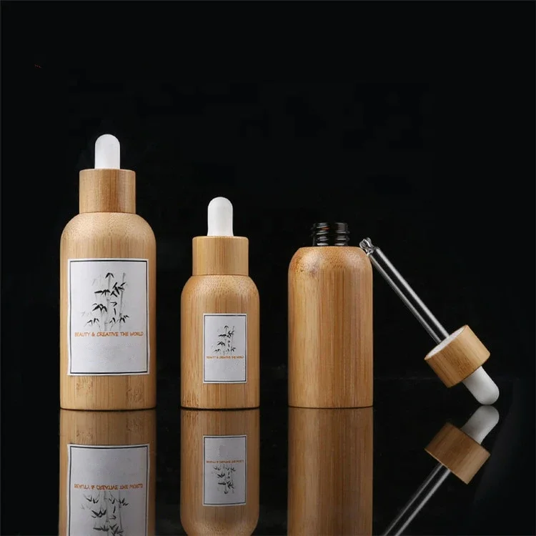 

Luxury SkinCare full bamboo cover amber essential oil glass dropper bottle with environmental lid bamboo serum bottle e-liquid