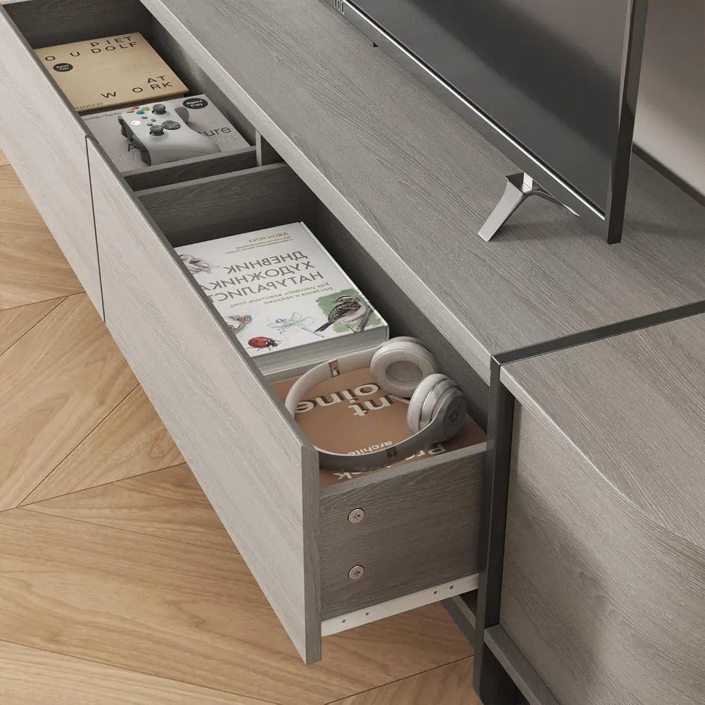 مركز ترفيه حديث كبير للتخزين لأجهزة التلفاز مقاس 55-85 بوصة، وحدة تحكم تلفزيون خشبية طويلة مع أدراج، تصميم منحني