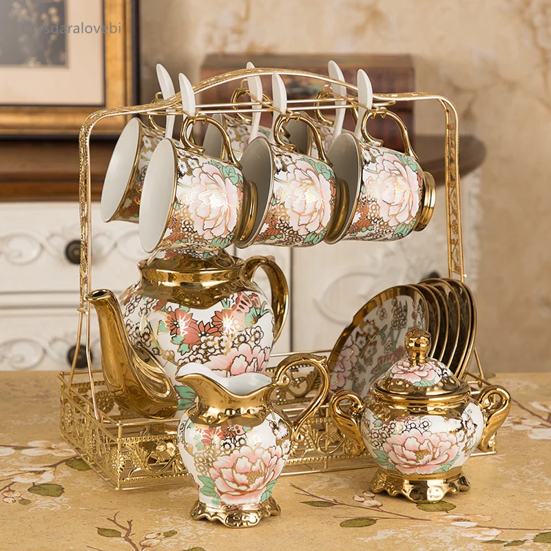 16PCS Luxury European Teapot Ceramic Gold Pattern Tea Pot And Cup Set Tray Spoon Porcelain Coffee Mugs Tetera Home Decoration