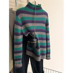Striped Semi High Neck Base Sweater for Women Thickened Inner Layer for Autumn Winter European Pullover Sweater Knitted Sweater