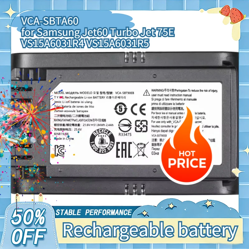 

VCA-SBTA60 21.6V 2400mAh/3500mAh Vacuum Cleaner Battery for Samsung Jet 60 Turbo Jet 75E VS15A6031R4 VS15A6031R5