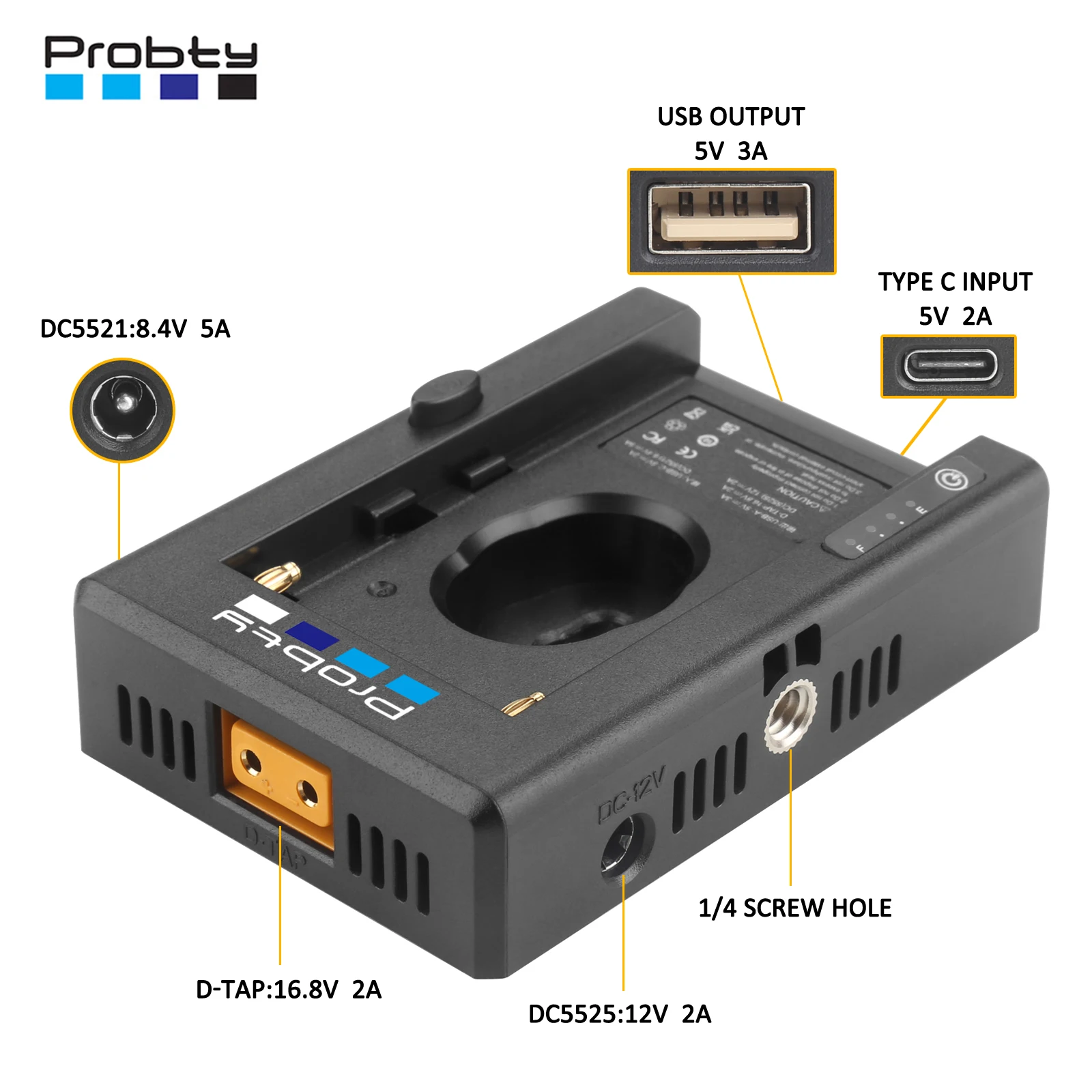 NP-F Battery Charger Battery Adapter Plate with DC12V DC8V USB-A Output Cold Shoe Adapter 1/4 Inch Screw Hole