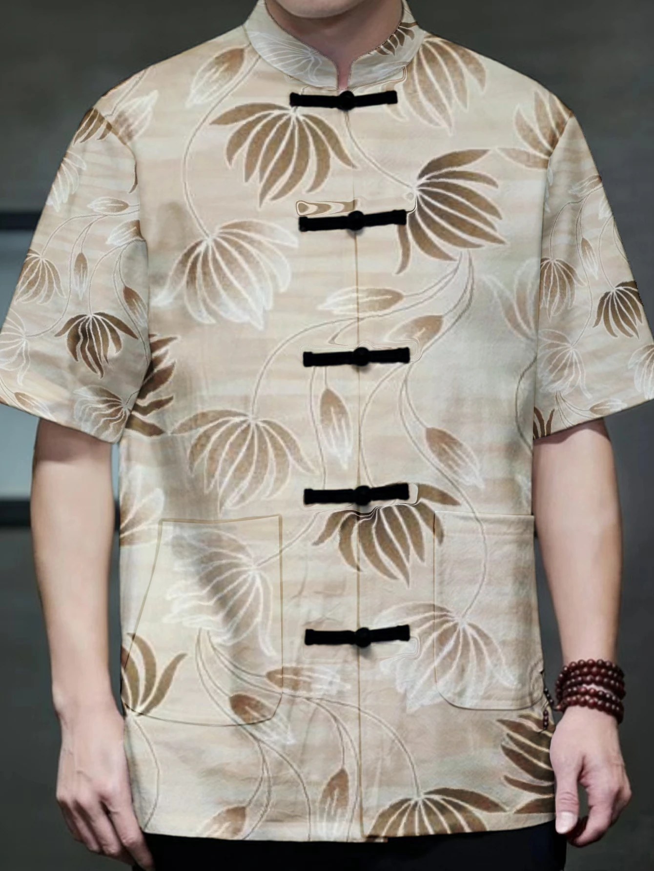 Men Loose Fit Chinese Style Short Sleeve Shirt Tropical Leaf Motif Stand Collar Frog Button Daily Wear Outerwear