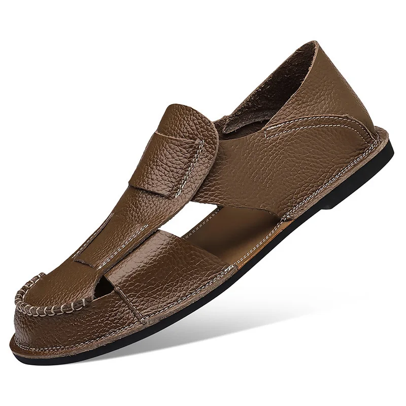 

Summer New Designer Leather Sandals for Men Solid Color Fashion Outwear Beach Shoes Male Breathable Soft Sole Sandale Homme
