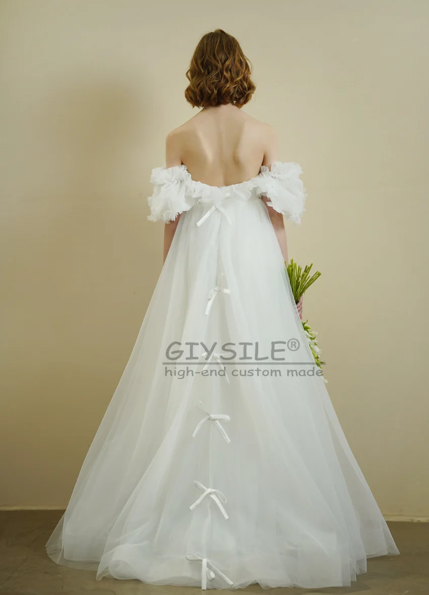 GIYSILE مخصص بسيط قبالة الكتف فساتين الزفاف التقطت الصور مطوي التفتا فستان زفاف طول الأرض ألف خط مشد فيستدو