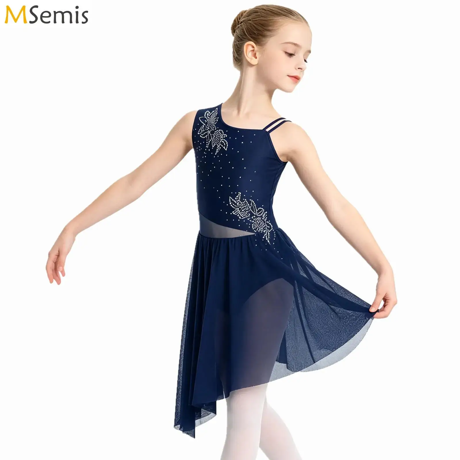 

Kids Girls Ballet Lyrical Dance Costume Sleeveless Shiny Rhinestones Flower Pattern Asymmetrical Side Slit Dress Dancewear