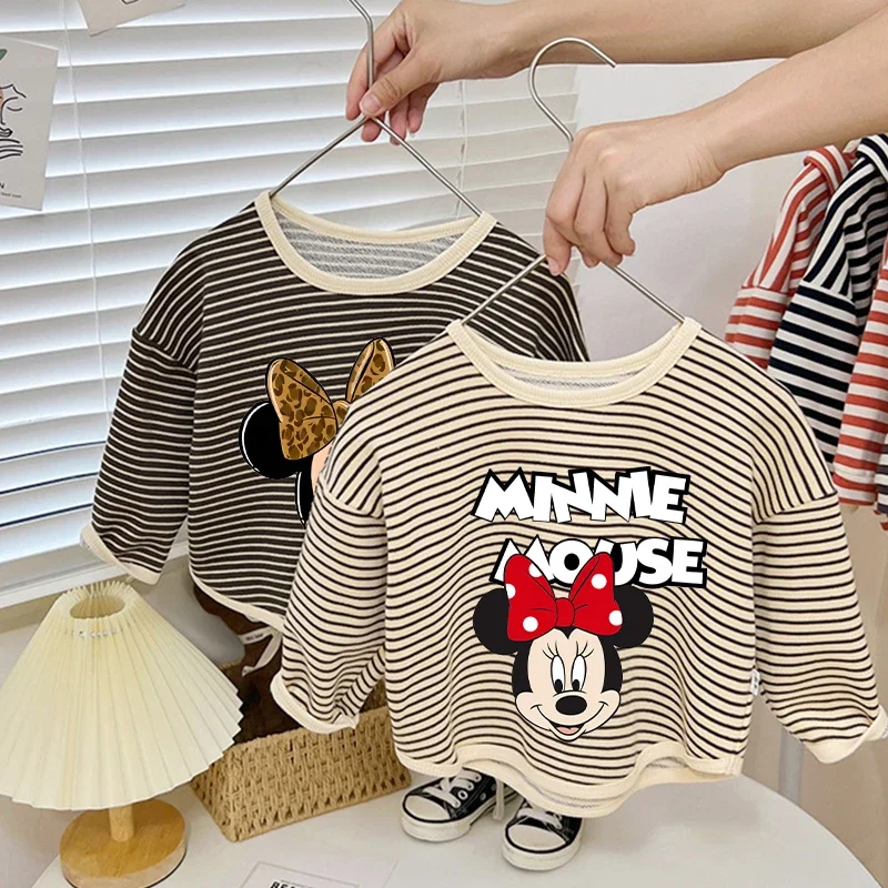ديزني ميكي ماوس 1-8T القطن ملابس الأطفال طويلة الأكمام تي شيرت مخطط صبي فتاة بلايز الاطفال تي شيرت الخريف الربيع المحملة الاطفال