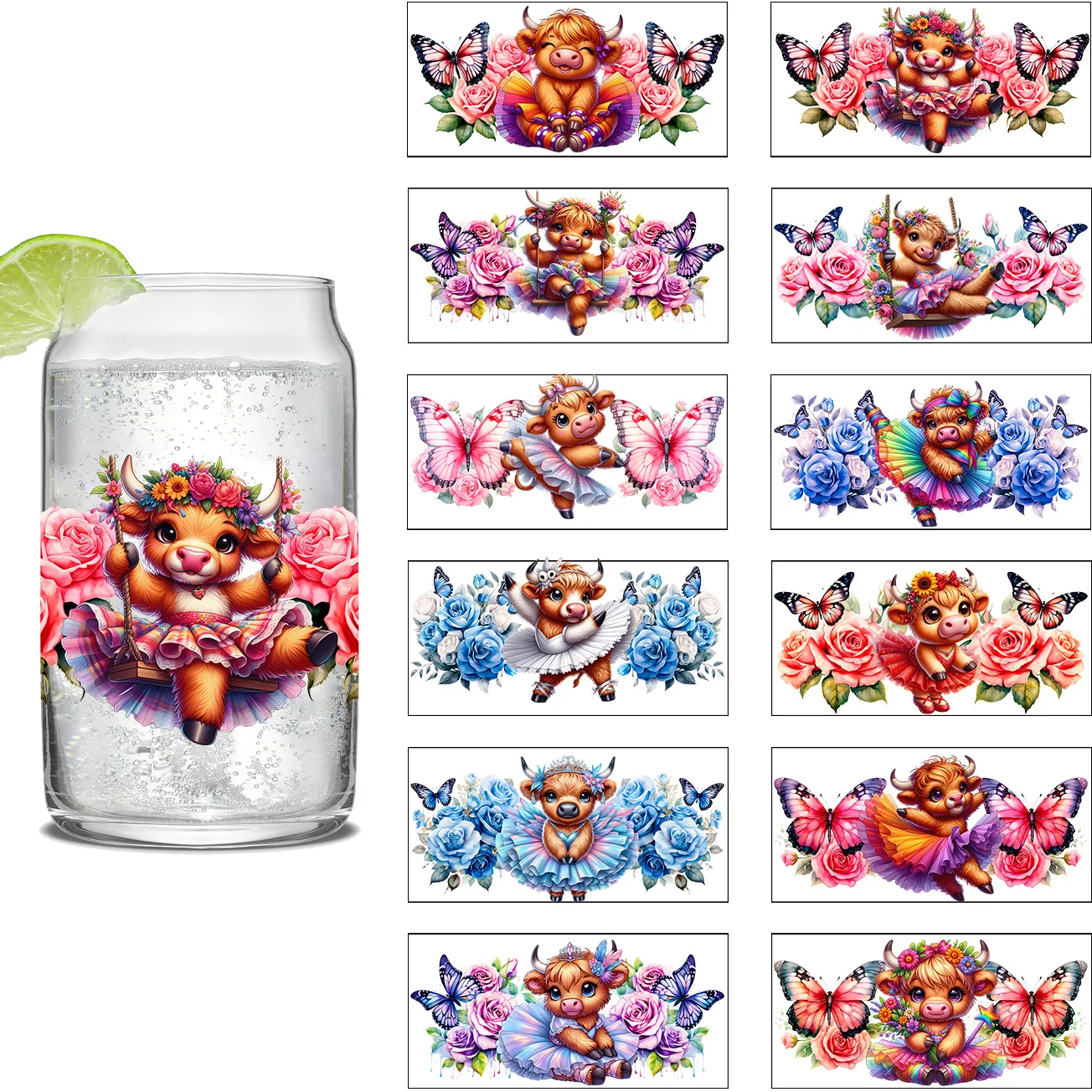 

Kawaii Cartoon Version Dancing Cow Uv Dtf Cup Stickers Glass Movement 3D Stickers Waterproof Beautiful Wipe-On Transfers Wraps