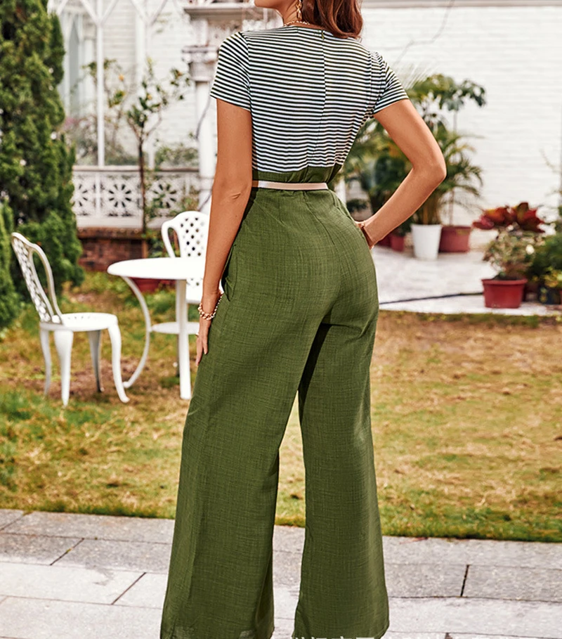 Wide Leg Jumpsuit Tight Woman New Summer 2024 Fashion Sexy Light Green Short Sleeved Striped  Jump Suits for Female Streetwear