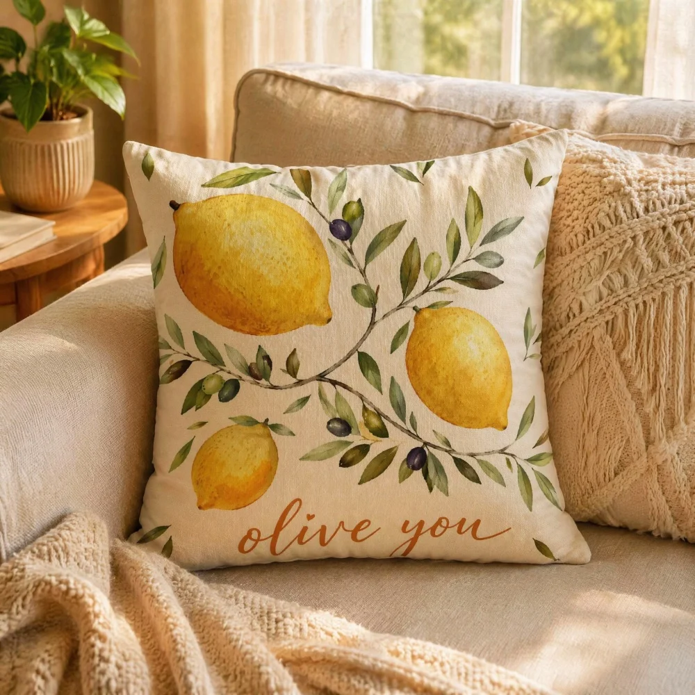 Lemon Olive Branch Print Flannel Stuffed Throw Pillow Soft Complete Square Cushion Farmhouse Spring Sofa Home Decor Pillow