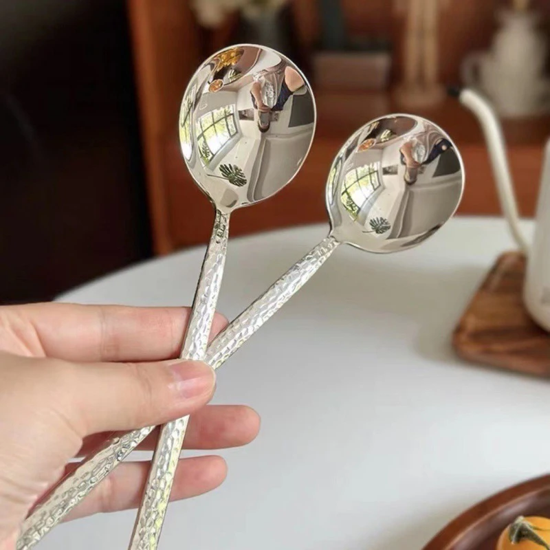 1pc Kitchen Dinner Stainless Steel Round Spoon Long Handle Stirring Dessert Spoons Kitchen Accessories Gadgets