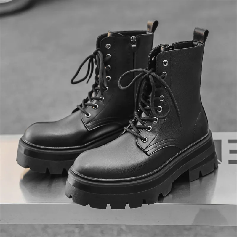 

men's casual high motorcycle boots black trendy genuine leather shoes cowboy autumn winter boot stage nightclub platform botas