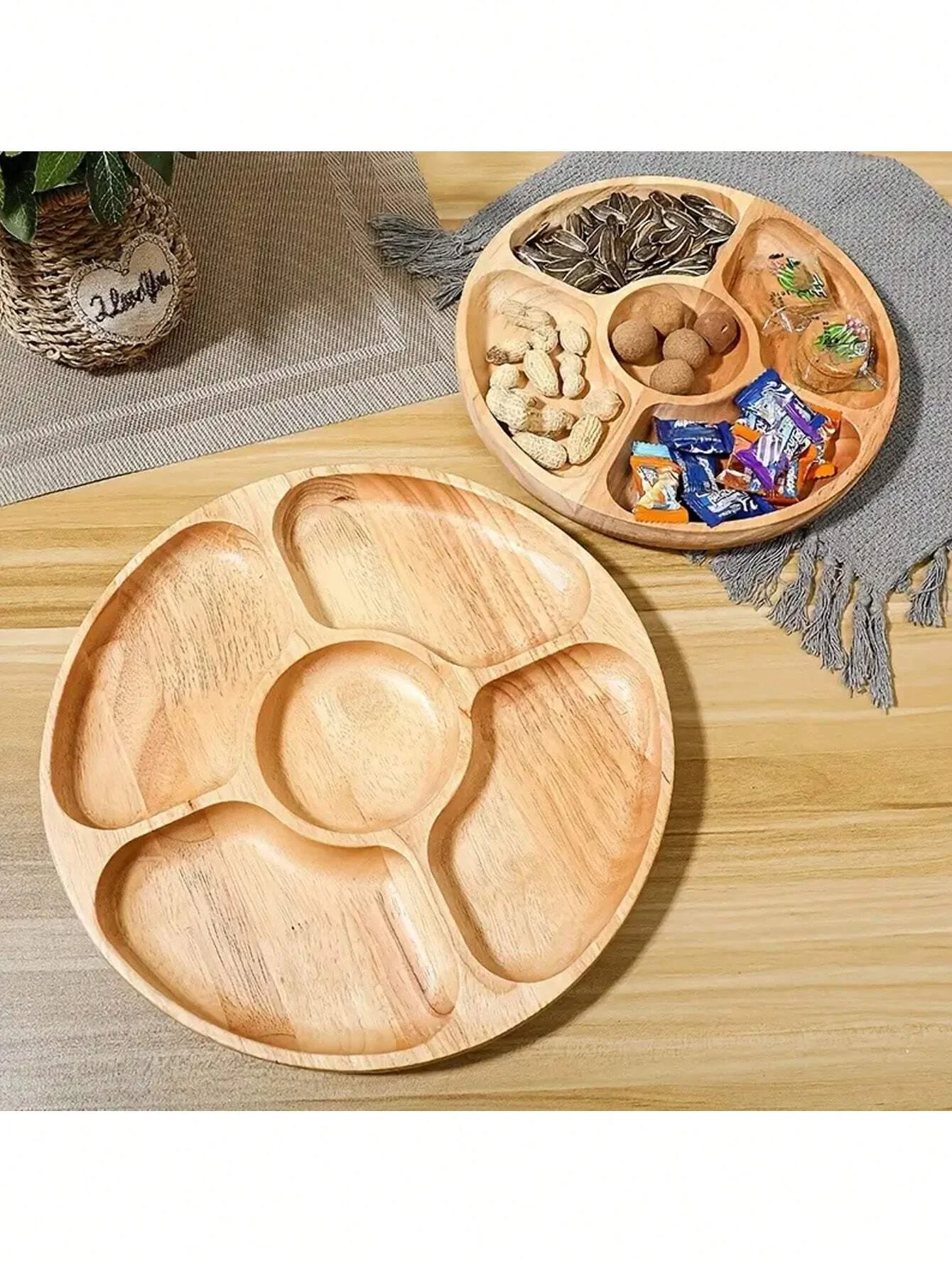 1pc Five-Compartment Round Wooden Tray, Used For Snacks, Dried Fruits, Tea, Suitable For Home, Hotel, Restaurant, Wedding Party,