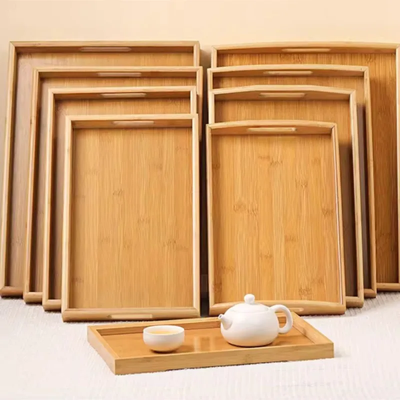 Multi size optional rectangular bamboo tray, commercial barbecue bread, tea set, water cup, multifunctional storage trays