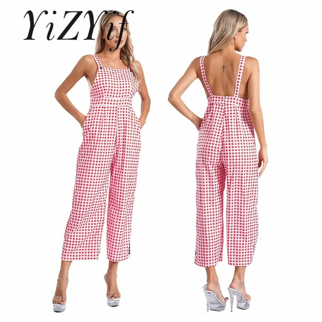 

Women Loose Plaid Jumpsuits Playsuit Long Pants Casual Loose Wide-Leg Overalls Backless Rompers for Vacation Beach Travel Party