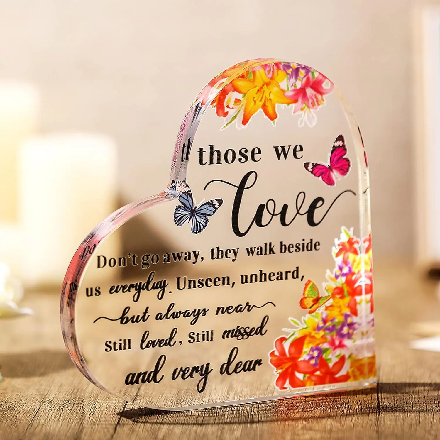 Sympathy Grief Comfort Quote Acrylic Heart Table Decor, Bright Floral Butterfly Remembrance Bereavement Home Keepsake