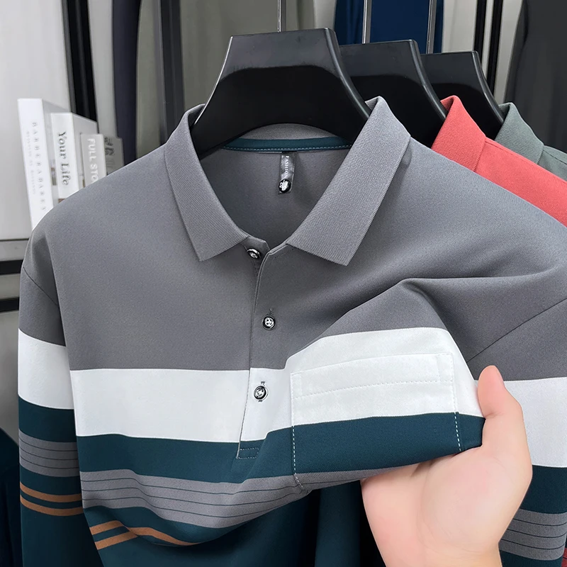 

Высококачественные полосатые длинными рукавами polo рубашки мужские легкие карманы комфортабельные модные футболки Люди среднего возраста отдых топы