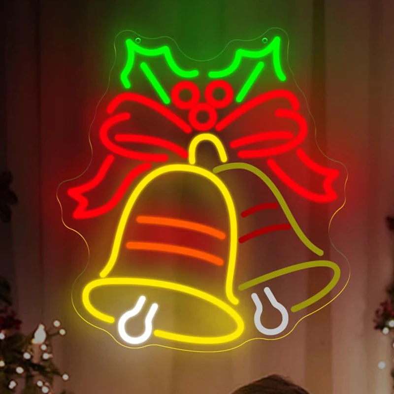 جرس عيد الميلاد النيون علامة وامض LED عطلة القوس الأحمر والأجراس جدار ديكور فني لحفلة عيد الميلاد احتفالية ديكور المنزل
