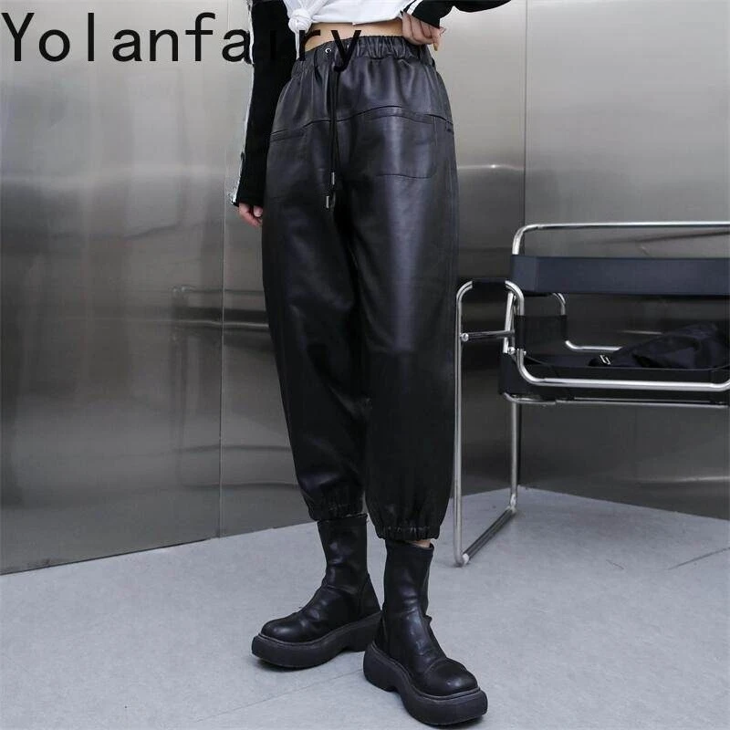 YOLANFAIRY Real Sheepskin Leather Pants Women Autumn Elastic Waist Harem Lantern Pants Eight Points Casual Versatile Trousers