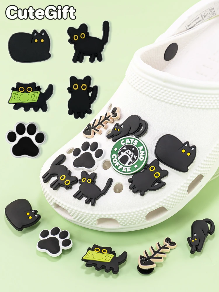 Breloques de chaussures en forme de chat noir pour femmes et filles, 1/10 pièces, accessoires de décoration de chaussures en forme de patte, sandales de jardin, broche sabot pour jean