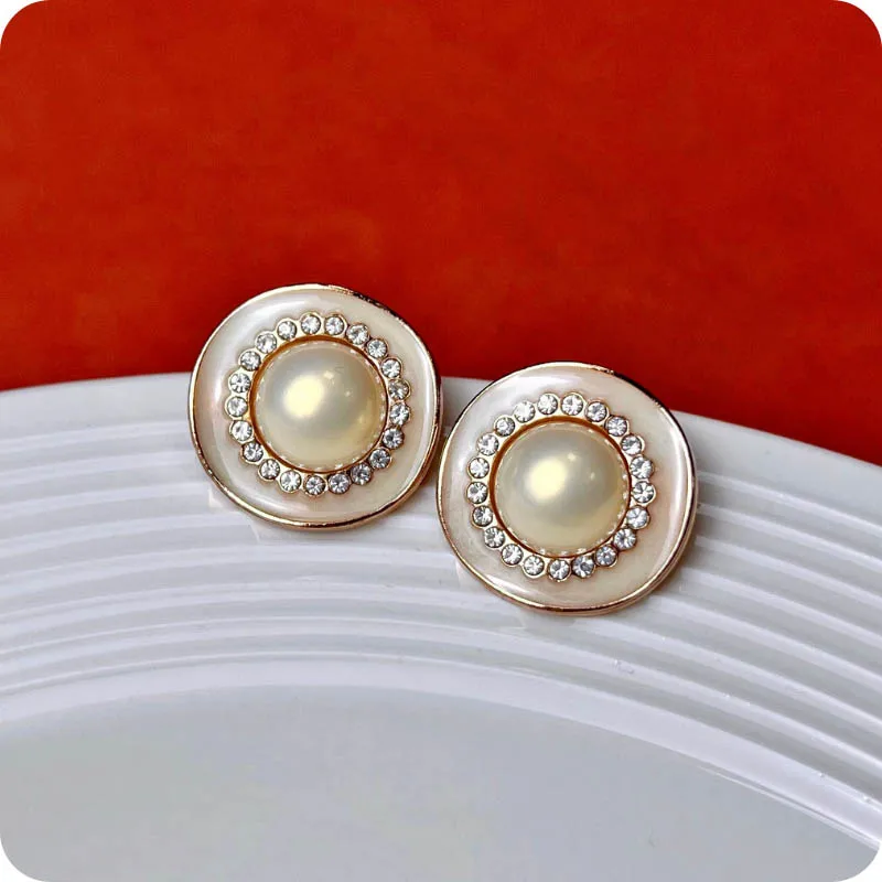 10pcs Metal Button Inlaid Pearl Rhinestone Decorative Button High-Grade 23MM Curled Edge Circular Button DIY Craft Accessories