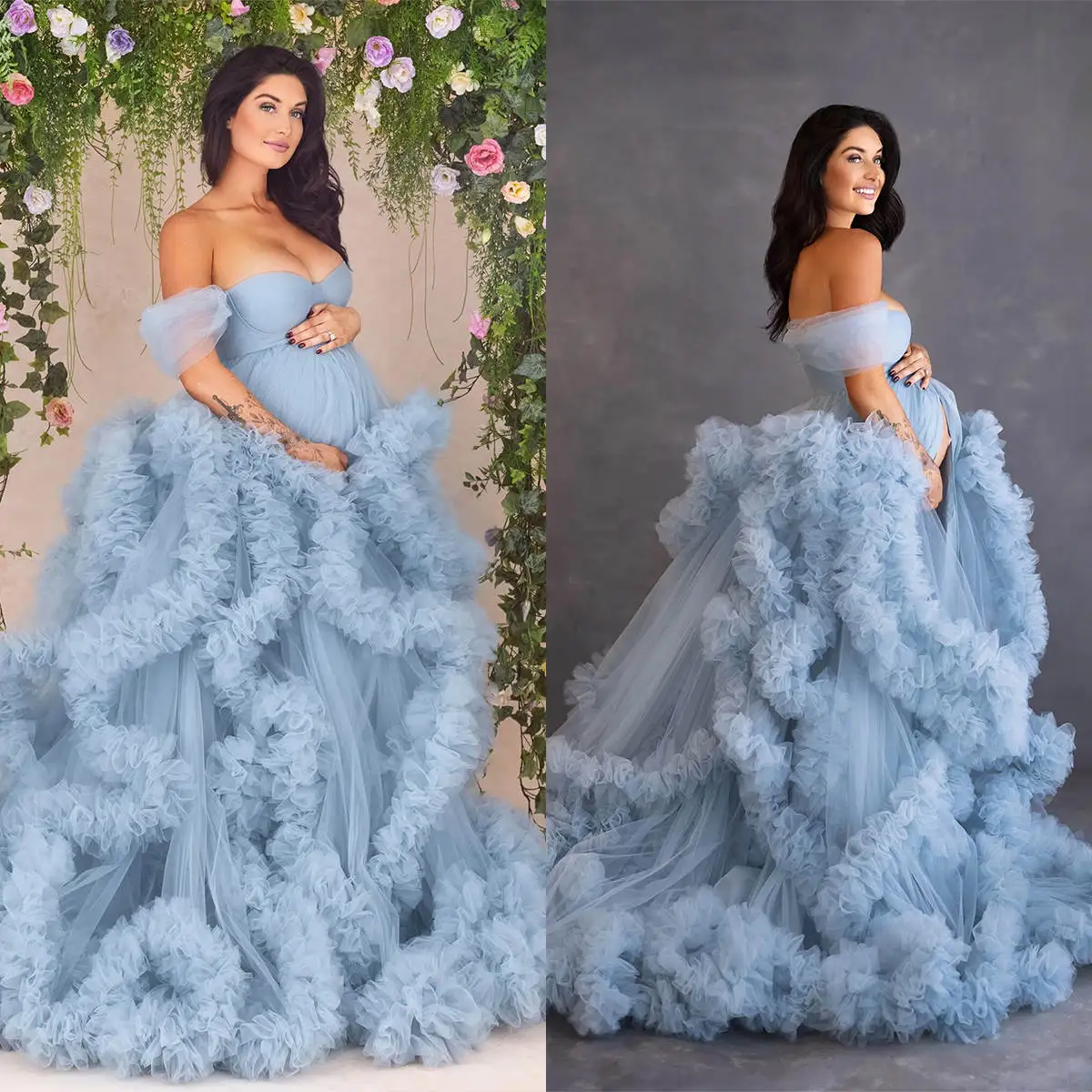 Ruffles Photo Dresses Off Shoulder Short Sleeves Photography Tulle Pregnancy Robes See Through Baby Shower Maternity Party Gowns