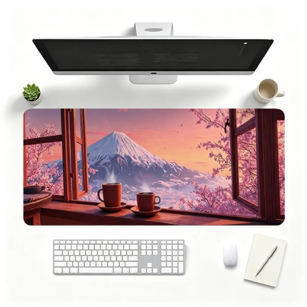 Quiet Mount Fuji Sunrise Window Scene Coffee Cherry Blossom Print, Durable and Easy to Clean alfombrillas para escritorio