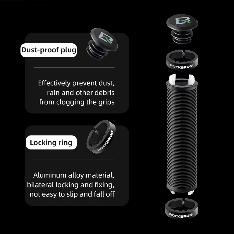ROCKBROS MTB Bike Handlebar Grips Rubber Soft Dustproof Cover with Aluminum Alloy Lock Ring for Mountain Bicycle Accessories