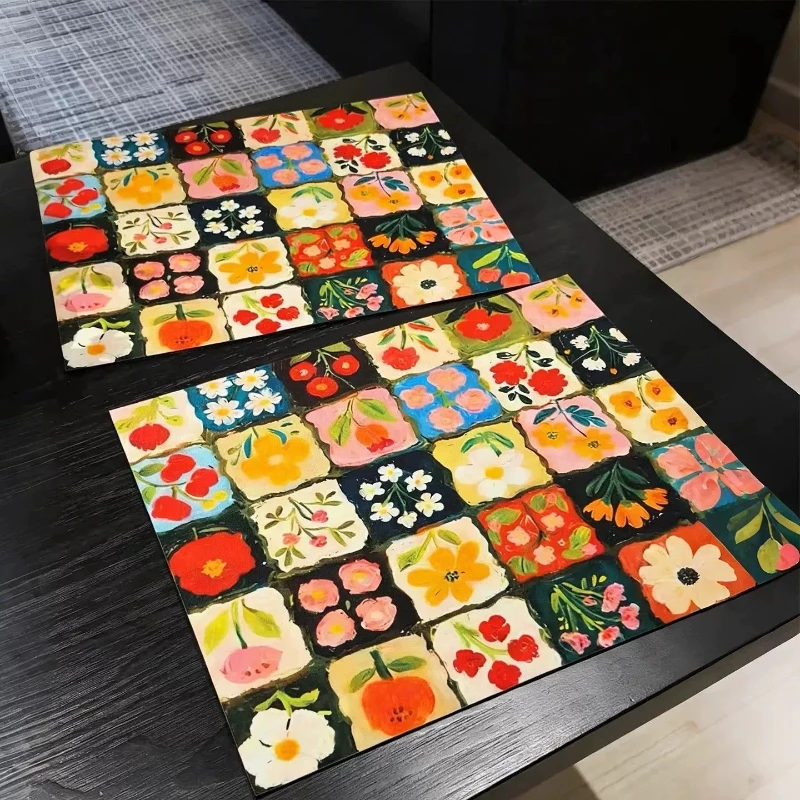 VIKAMA Kitchen Drain Mat Fruit Floral Grid Print Dish Drying Mat Water Absorbent Quick Dry Anti Slip Soft