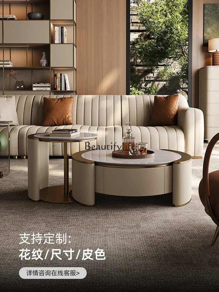 

04Light luxury natural marble coffee table with living room modern high-end household villa small coffee table