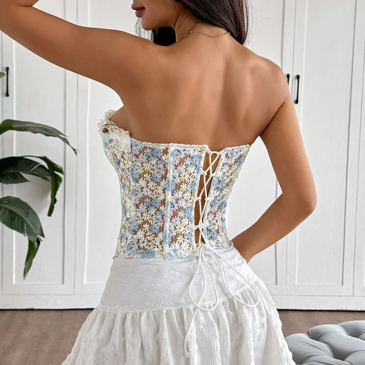 Flower Embroidery Corset Drawstring Strapless Corsets Tube Top Sexy Sleeveless Camis Summer 2025 Tank Tops Slim Shapewear Korset