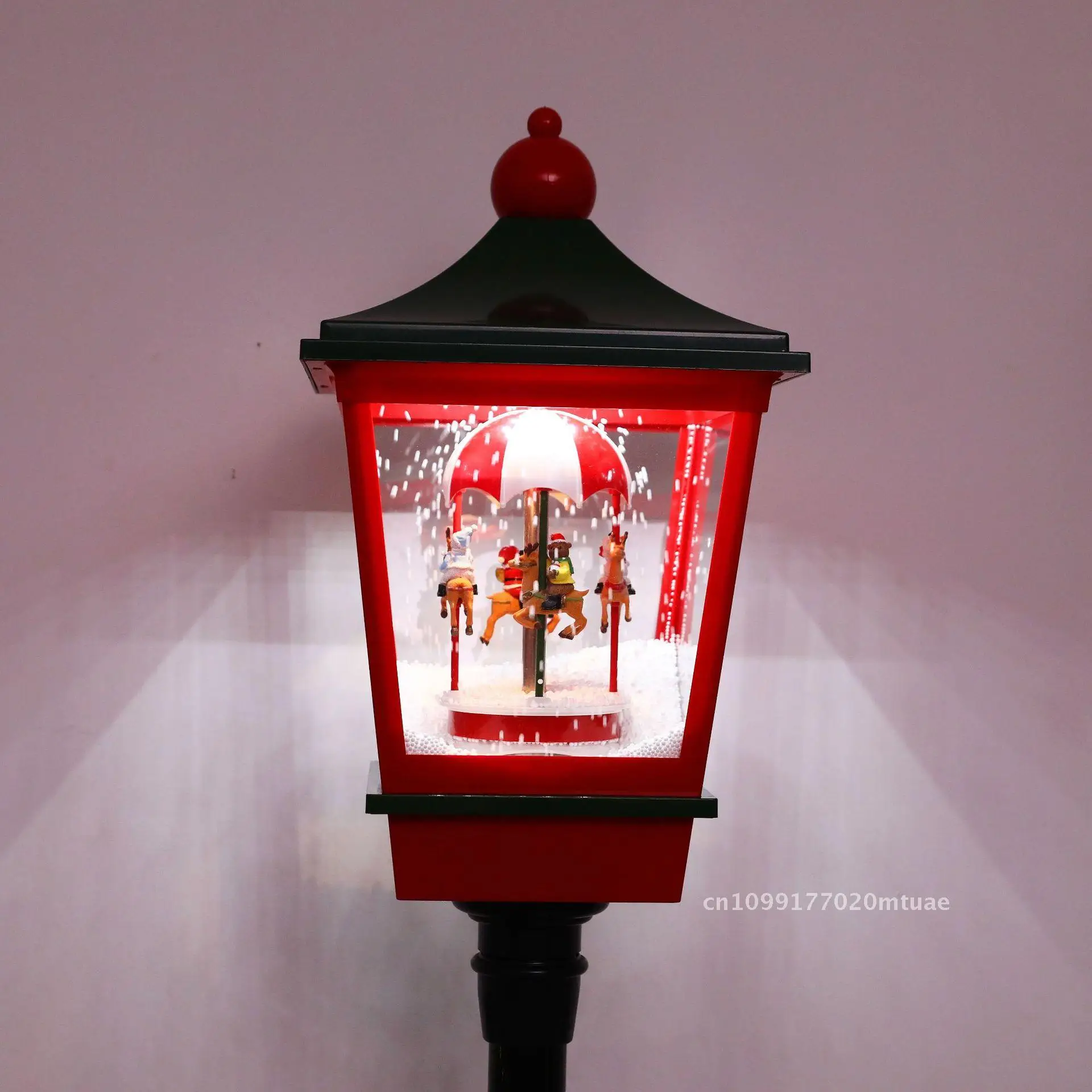 Christmas Snow Street Light with Interior Music Large Scene Holiday Decoration Red Green Carousel Ferris Wheel Snowmobile