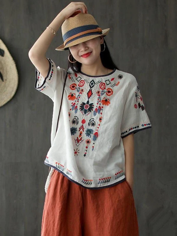 

Casual Cotton Linen Embroidered T-irt round Ne ort Sve Oversized All-Match Crew Ne Artistic Top for plus Size Women