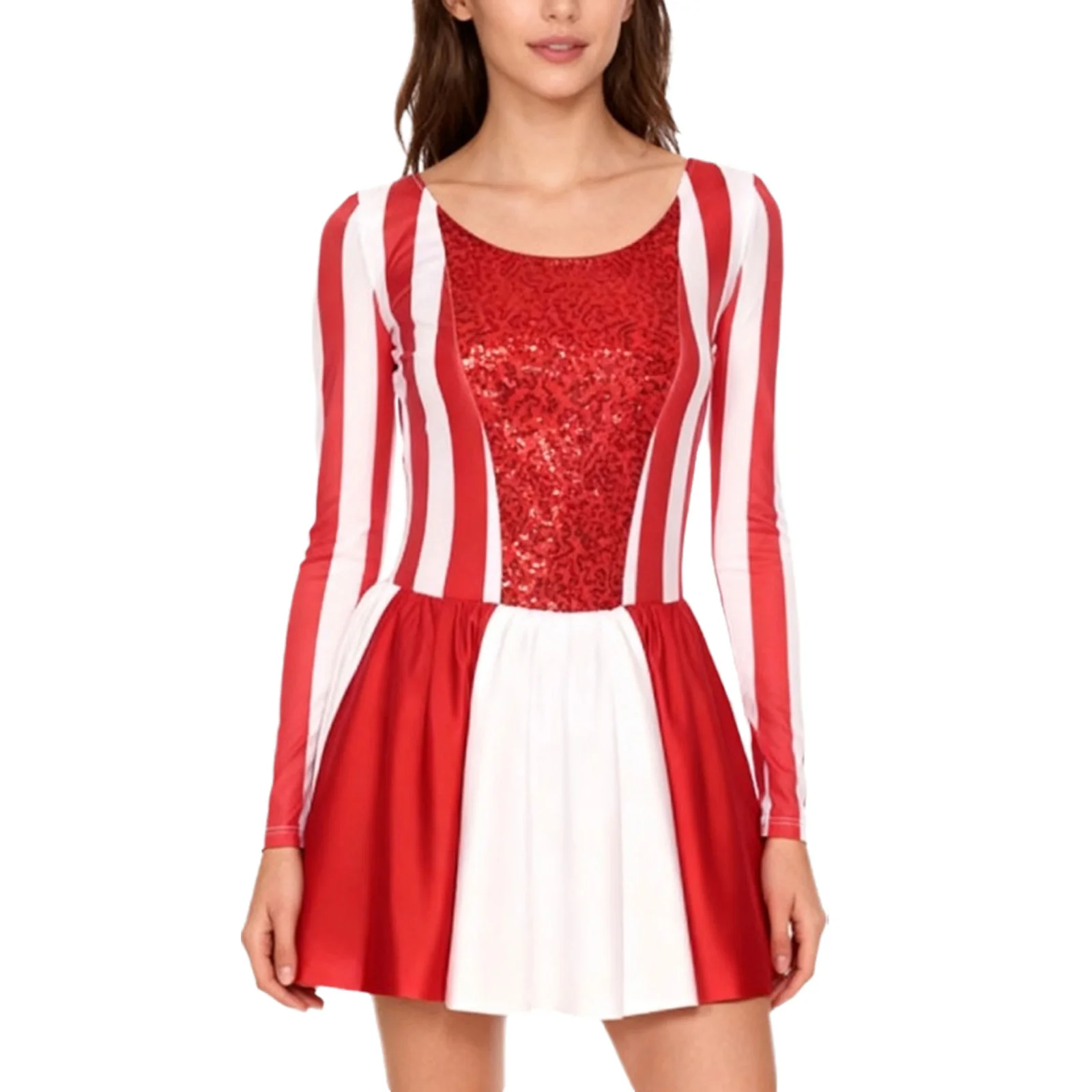 Women Christmas Party Fashion Sequin Red White Striped Tutu Dress for Christmas Candy Cane Holiday Festival Carnival Party Wear