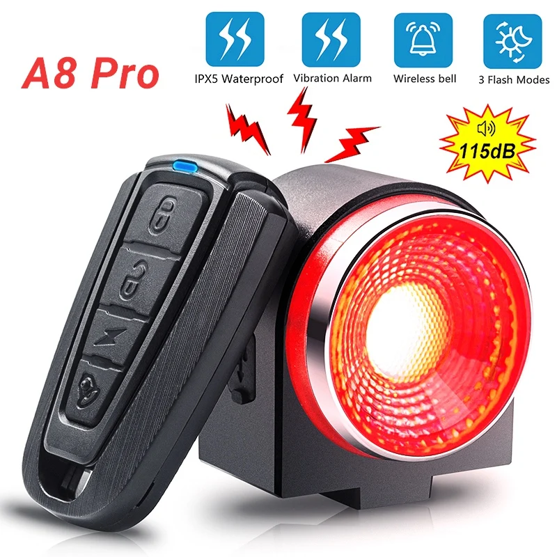 

Bicycle Rear Lamp Braking Light Burglary Alarm Remote Call Wireless Control USB Charge LED Lantern Bike Finder Horn A8 Pro