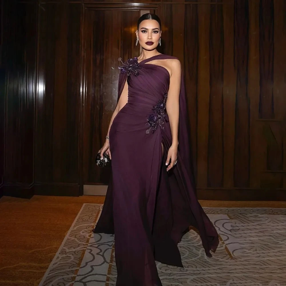 

Grape Purple Prom Dress Customized Strapless One Shoulder Floor Length Appliqued Chiffon Elegant Evening Gowns Thigh Slit Robe