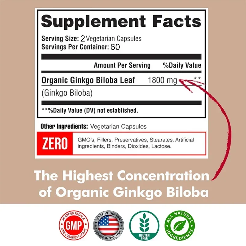 Organic Ginkgo Leaf Extract - for Memory, Energy & Circulation, Premium Non-GMO